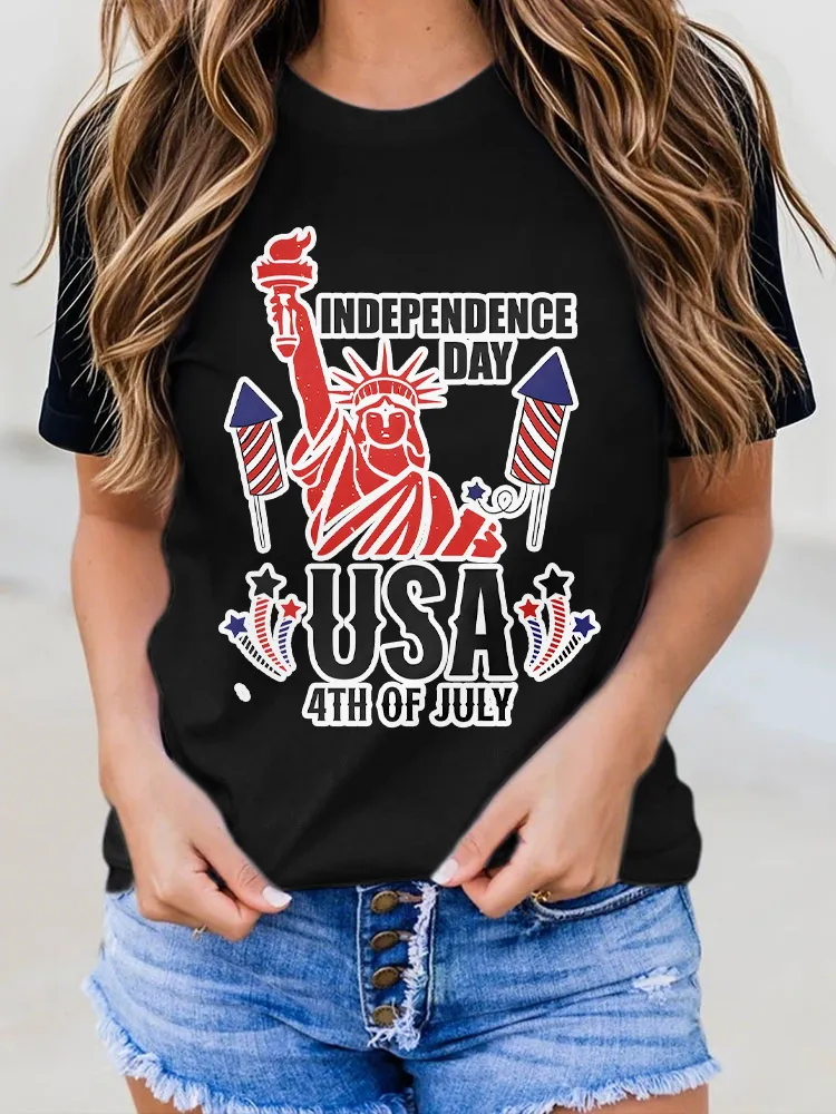 Woman'S Independence Day USA 4Th Of July Round-Neck Short-Sleeved T-Shirt