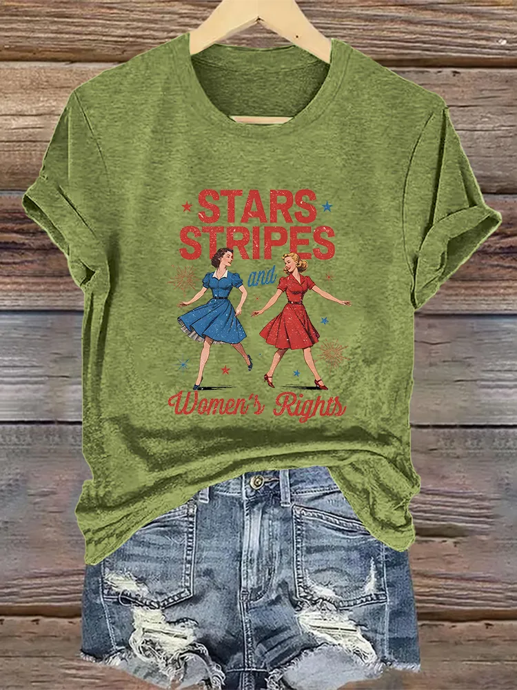 Woman'S Stars Stripes And Women'S Rights Crew Neck Short Sleeve T-Shirt