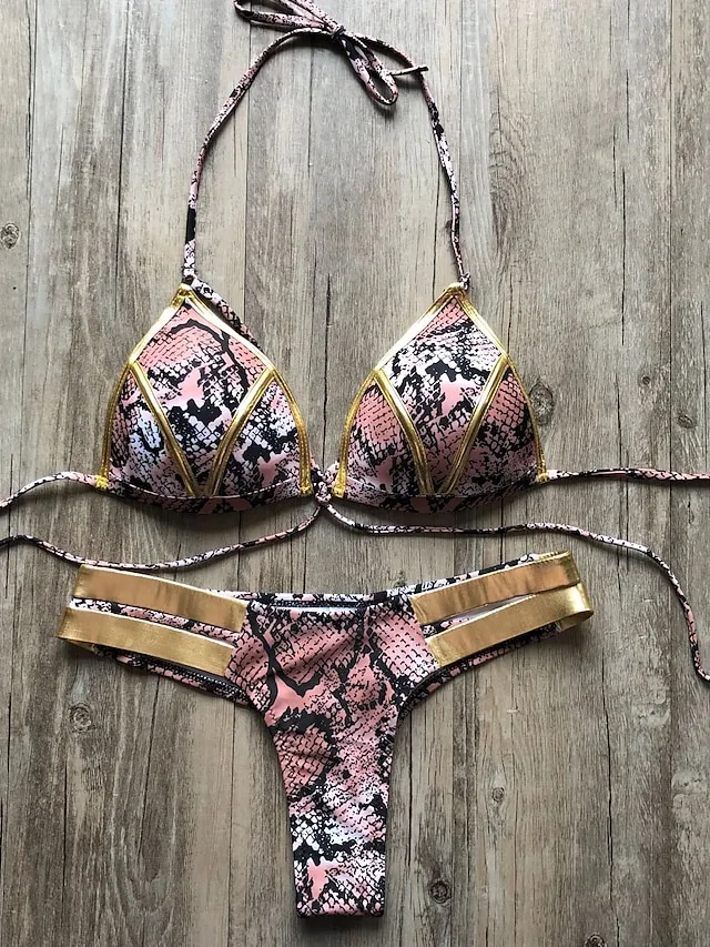 Women's Swimwear Bikini 2 Piece Normal Swimsuit Open Back Cut Out Sexy Leopard Color Block Leopard Print Black Pink Wine Dusty Rose Camisole Strap Bathing Suits New Vacation Sexy