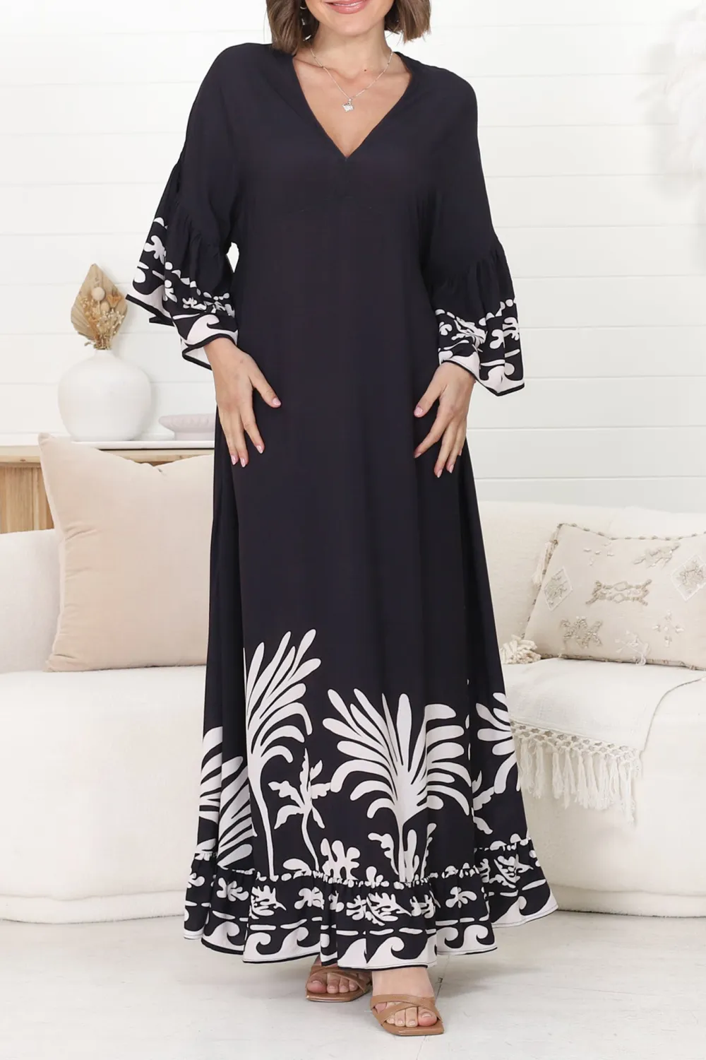 Black Floral Print Bell Sleeve Maxi Dress