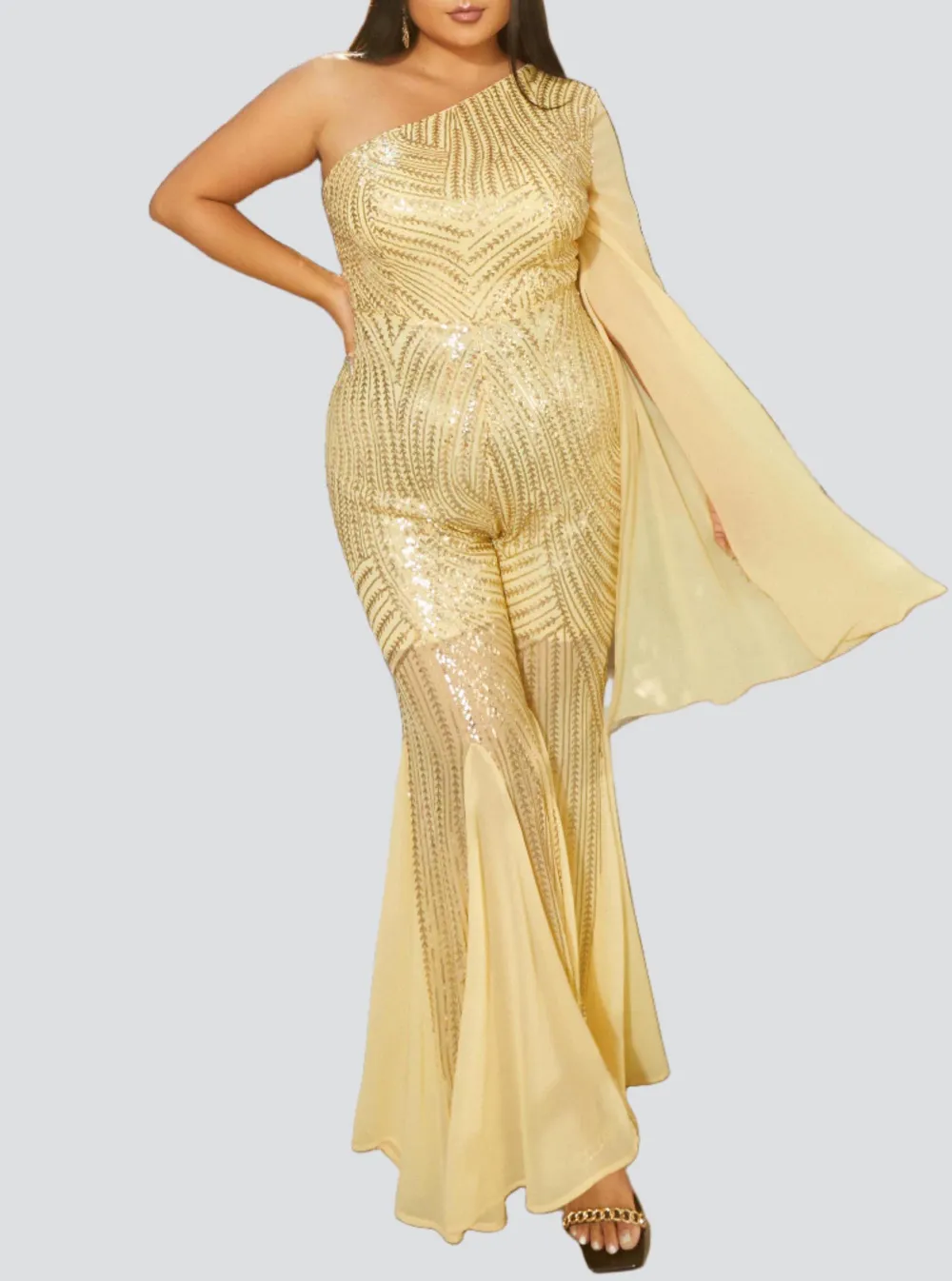Plus Size Sequin One Shoulder Ruffled Jumpsuits
