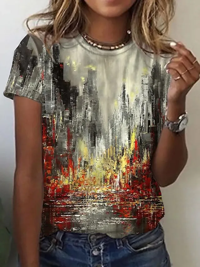 Women's T shirt Tee Grass Green Black Yellow Graphic Abstract Print Short Sleeve Daily Weekend Vintage Basic Round Neck Regular Geometric S