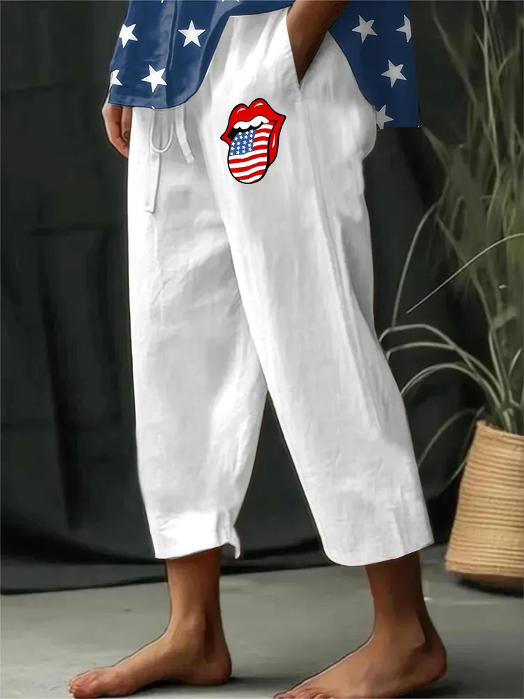 Women'S Casual Straight-Leg Pants Star-Striped Lip Print
