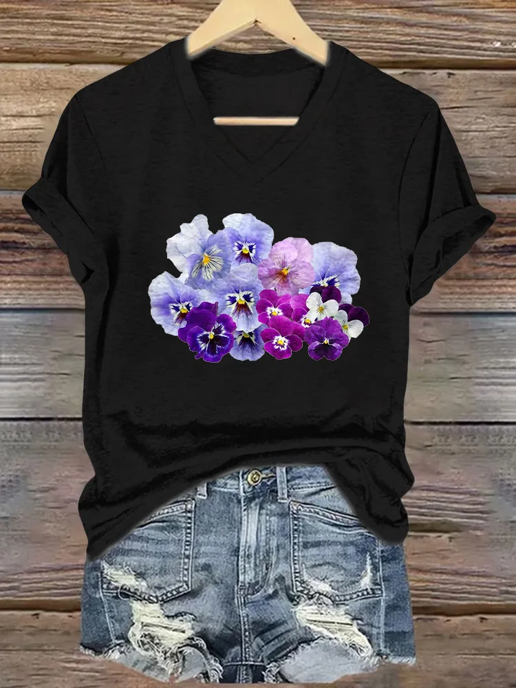 Women'S Floral Printed Alzheimer'S Awareness V-Neck T-Shirt