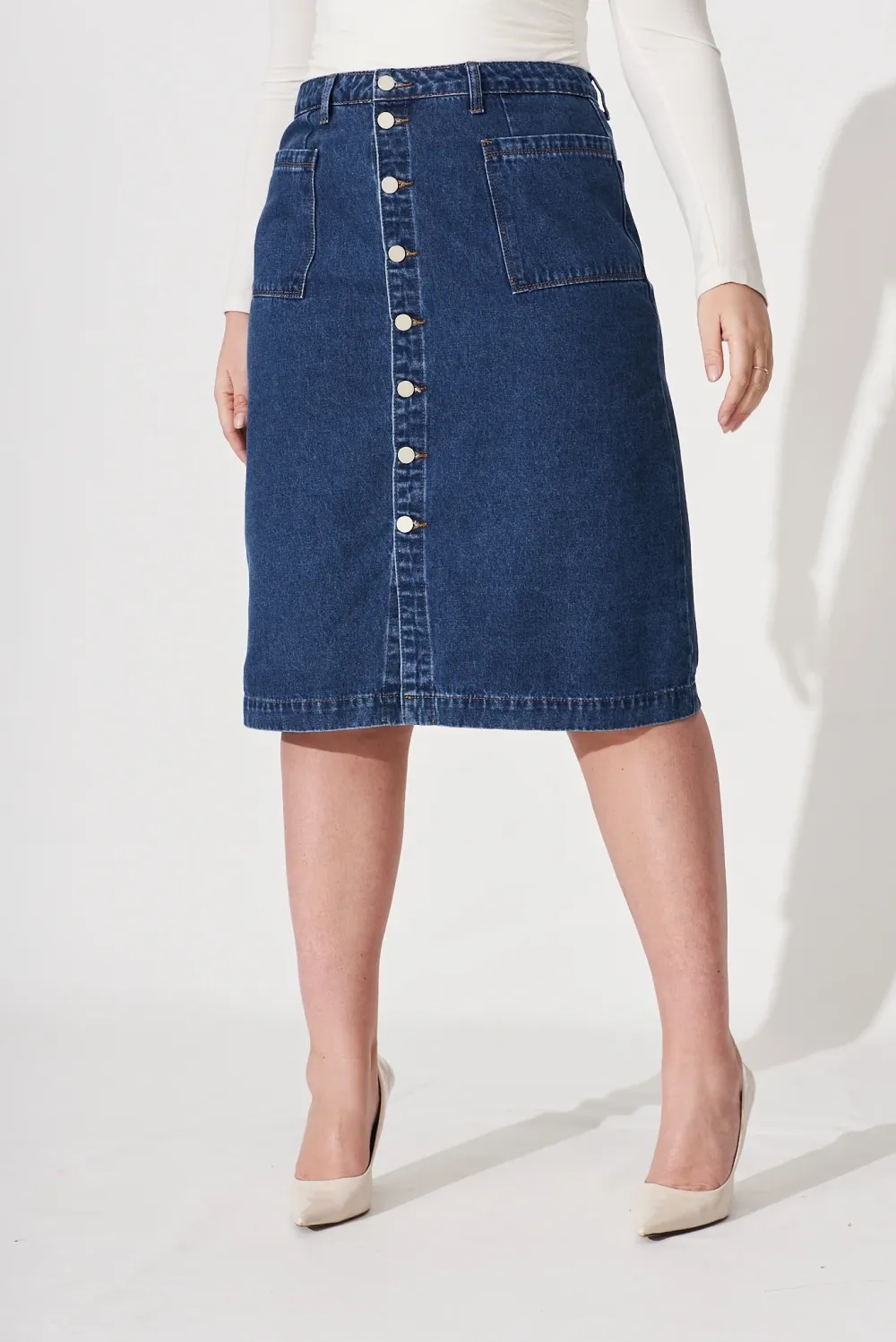 Blue Denim Button Front Midi Skirt