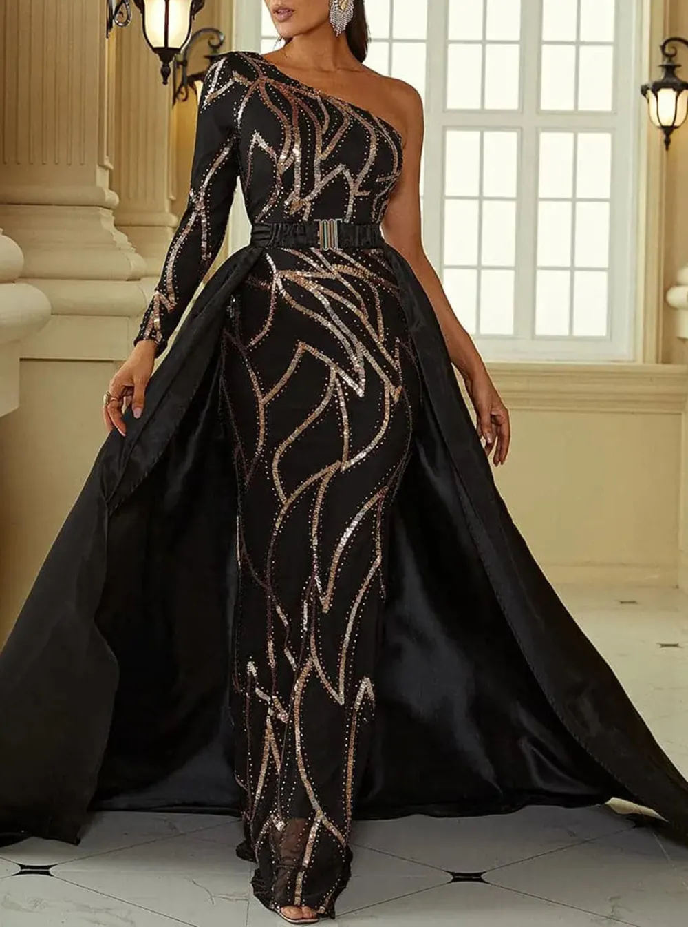 One Shoulder Cloak Sequin Prom Dress
