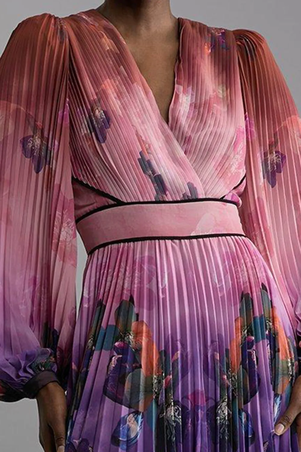 Ombre Floral Soft Pleated Long Sleeve Maxi Dress
