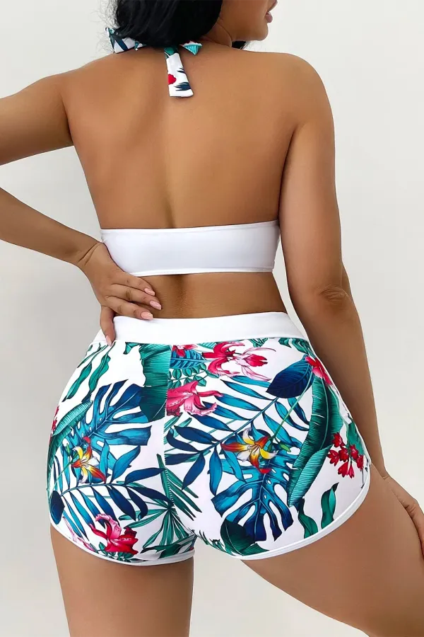 Swim Tropical Print Bikini Set Halter Bra & Boxer Shorts 2 Piece Swimsuit