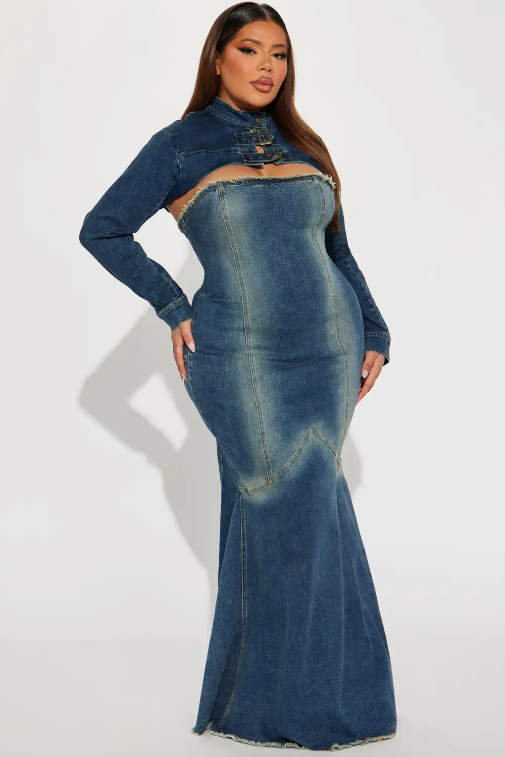 Elisha Denim Maxi Dress Set - Medium Wash