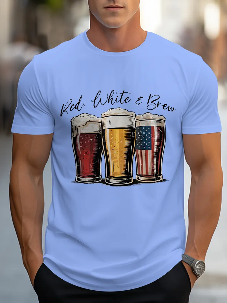 Man'S Red White A Brew Round-Neck Short-Sleeved T-Shirt