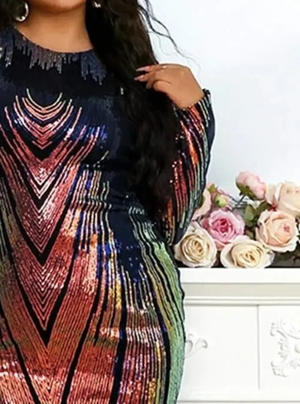 Plus Size Ombre Sequin Midi Bodycon Multicolor Prom Dress
