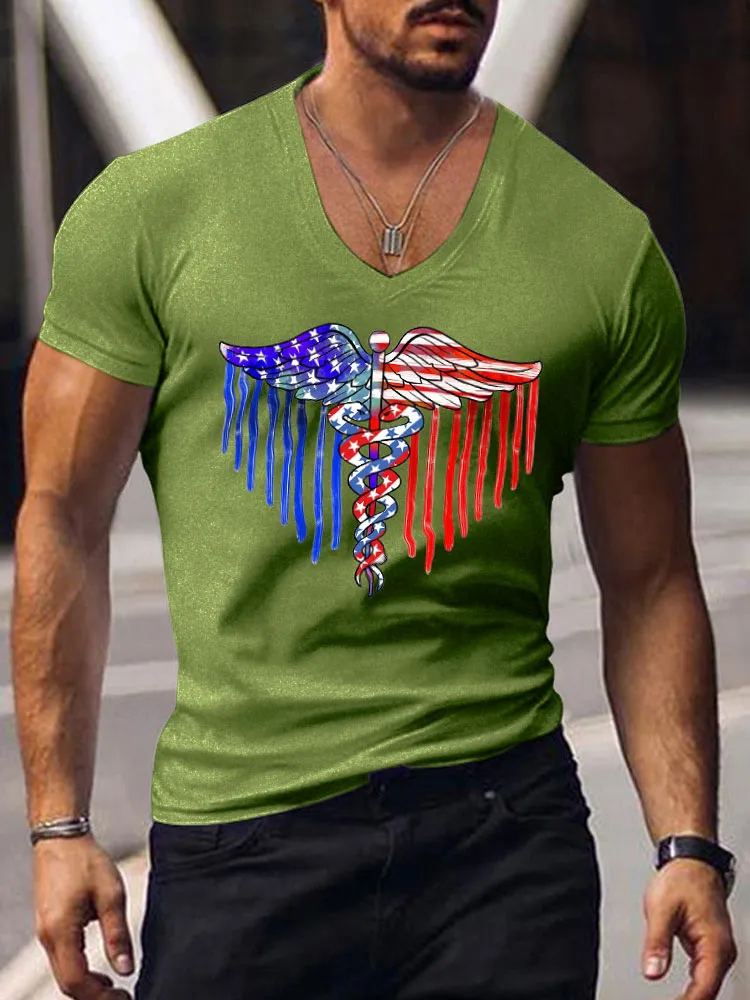 Snake Wing National Flag Print Short-Sleeved V-Neck T-Shirt