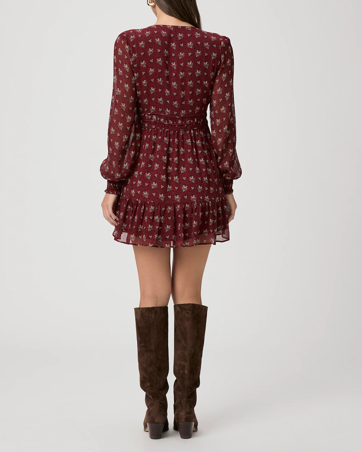 Burgundy Ditsy Print Long Sleeve Mini Dress