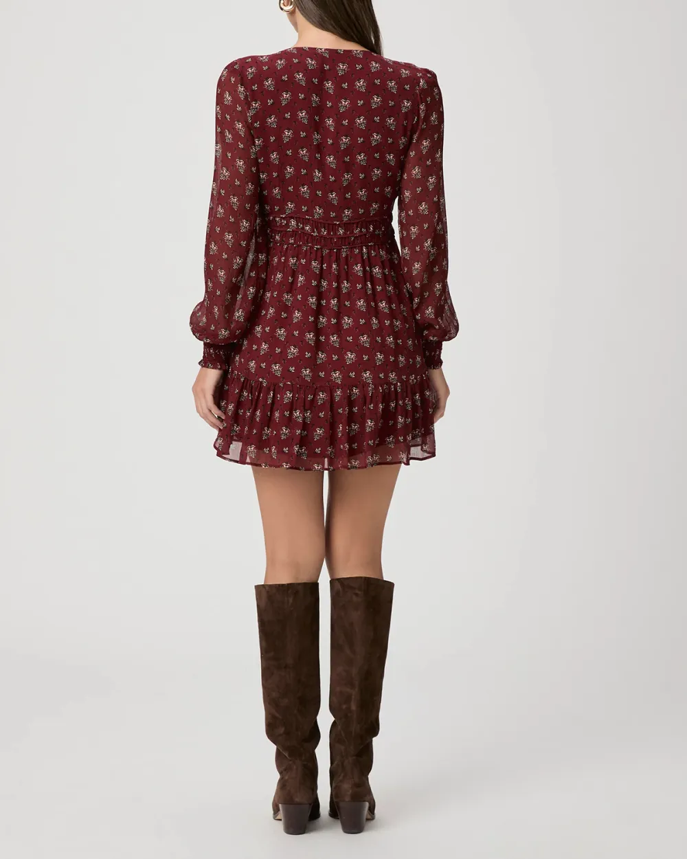 Burgundy Ditsy Print Long Sleeve Mini Dress