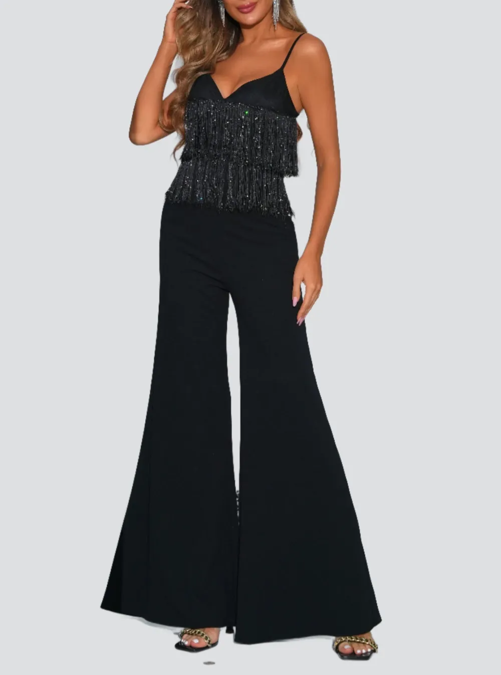 Spaghetti Straps Fringed Backless Black Jumpsuits