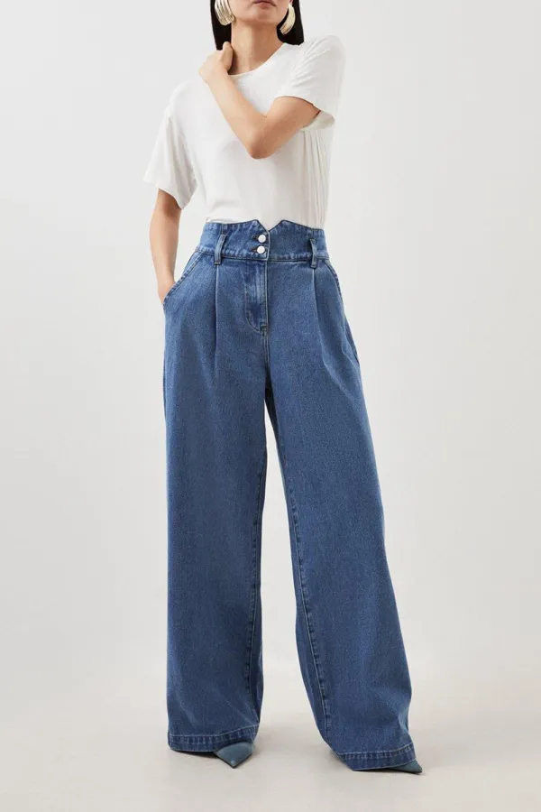 Non-Stretch Denim Wide Leg Trousers