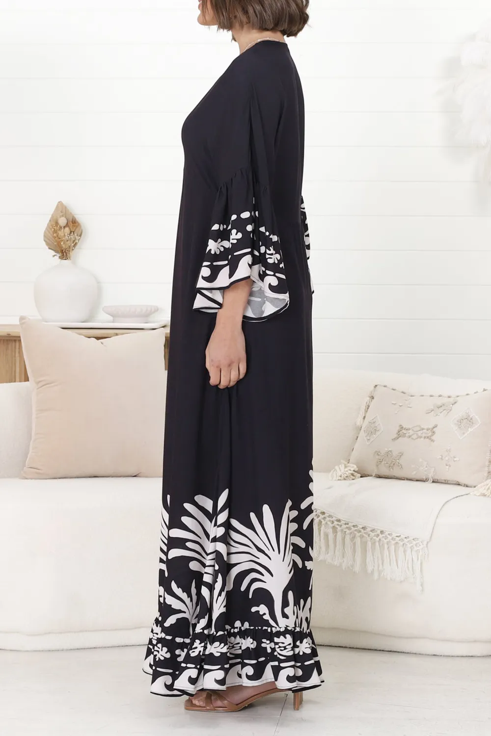 Black Floral Print Bell Sleeve Maxi Dress