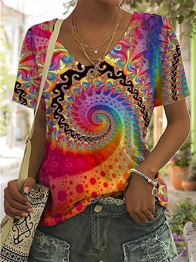 Women's T shirt Tee Yellow Red Blue Graphic Print Short Sleeve Daily Weekend Basic Neon & Bright V Neck Regular Fit Painting