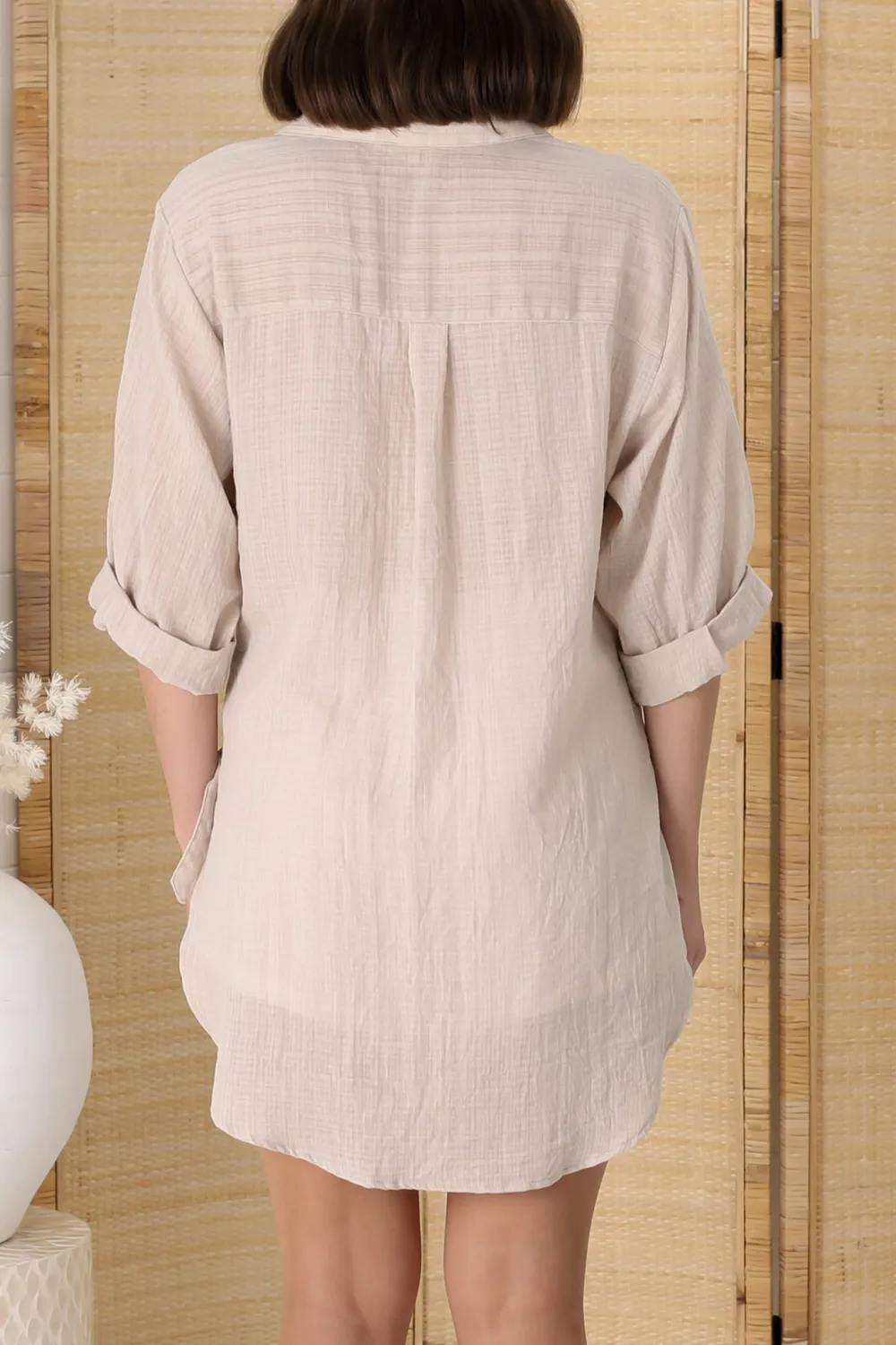 Light Beige Linen Roll Up Sleeve Shirt