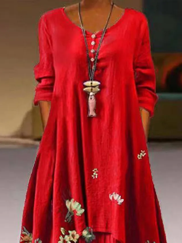Women's Swing Dress Maxi long Dress Red Long Sleeve Print Pocket Print Spring Summer Round Neck Casual Vintage 2022 S M L XL XXL XXXL 4XL 5XL / Loose