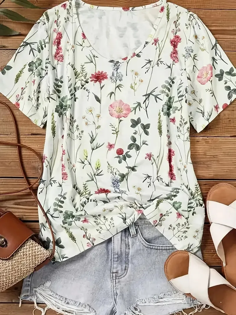 Women's Casual Floral Print Short Sleeve V Neck T-Shirt