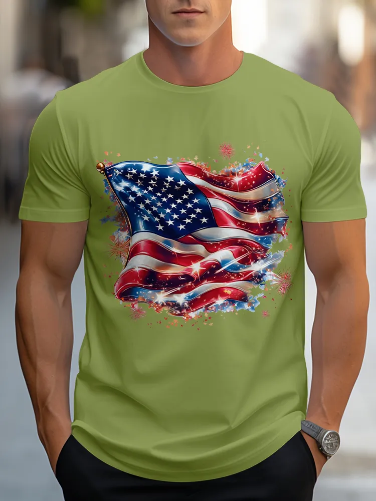 Man'S Stars And Stripes Print Round-Neck Short-Sleeved T-Shirt
