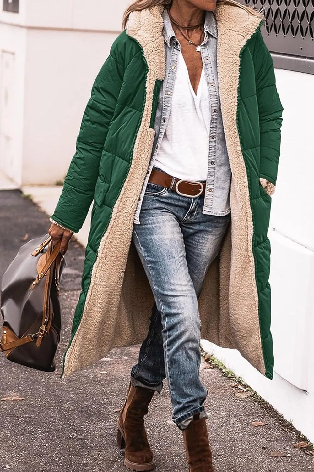 Women's 2023 Warm Winter Coats Reversible Sherpa Fleece Long Hooded Puffer Jackets Outerwear
