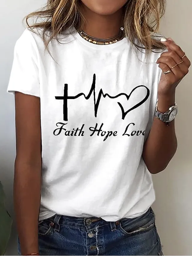 Women's T shirt Tee Cotton 100% Cotton White Yellow Pink Heart Letter Print Short Sleeve Casual Weekend Basic Round Neck Regular Fit Painting