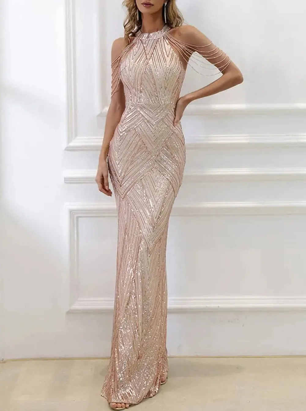Cold Shoulder Beads Chain Cocktail Dress