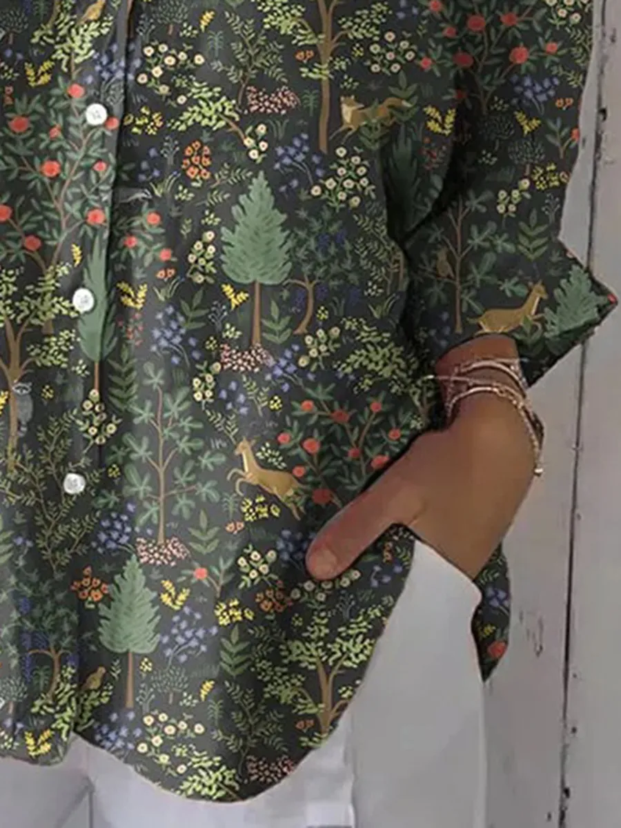 Women's casual retro forest print cotton and linen shirt