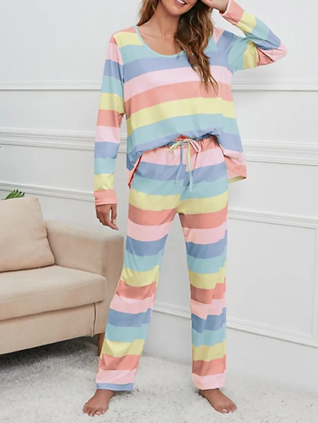 Women's Pajamas Nighty Pjs Sets 2 Pieces Rainbow Stripe Fashion Comfort Soft Home Daily Bed Cotton Breathable V Wire Long Sleeve T shirt Tee Pant Spring Fall Yellow Blue