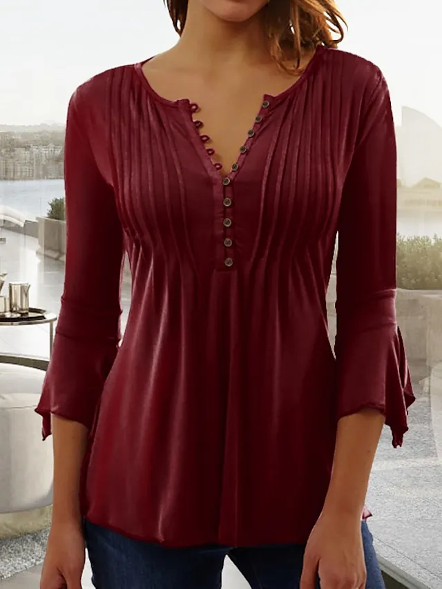 Women's Shirt Tunic Blouse Plain Casual Black White Wine Button Flowing tunic 3/4 Length Sleeve Basic V Neck Regular Fit