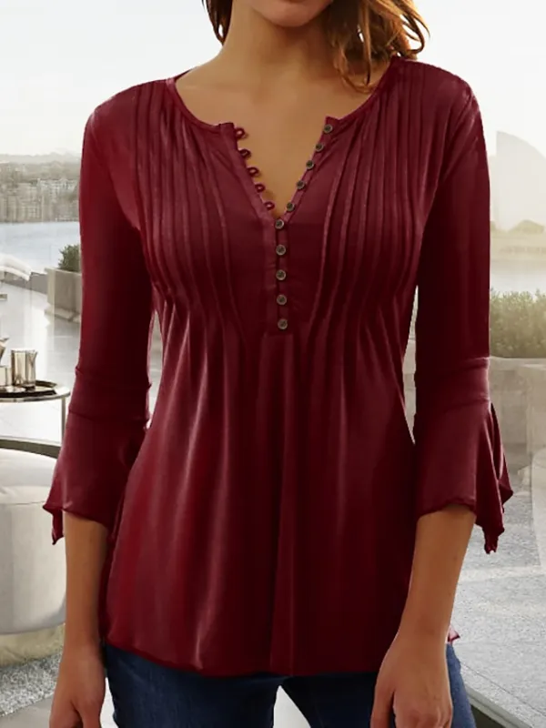 Women's Shirt Tunic Blouse Plain Casual Black White Wine Button Flowing tunic 3/4 Length Sleeve Basic V Neck Regular Fit