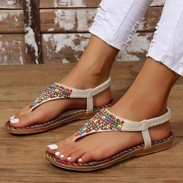 Women's Sandals Boho Bohemia Beach Flat Sandals Plus Size Daily Summer Flat Heel Open Toe Casual Minimalism PU Leather Faux Leather Elastic Band Solid Colored Dark Brown Beige