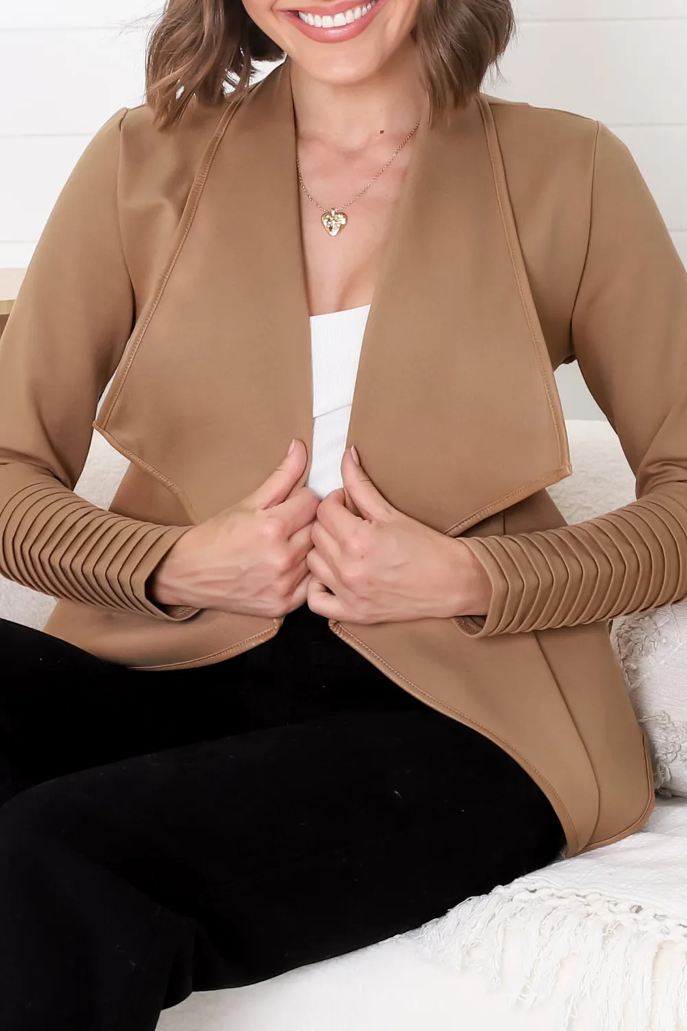 Camel Draped Open Front Jacket