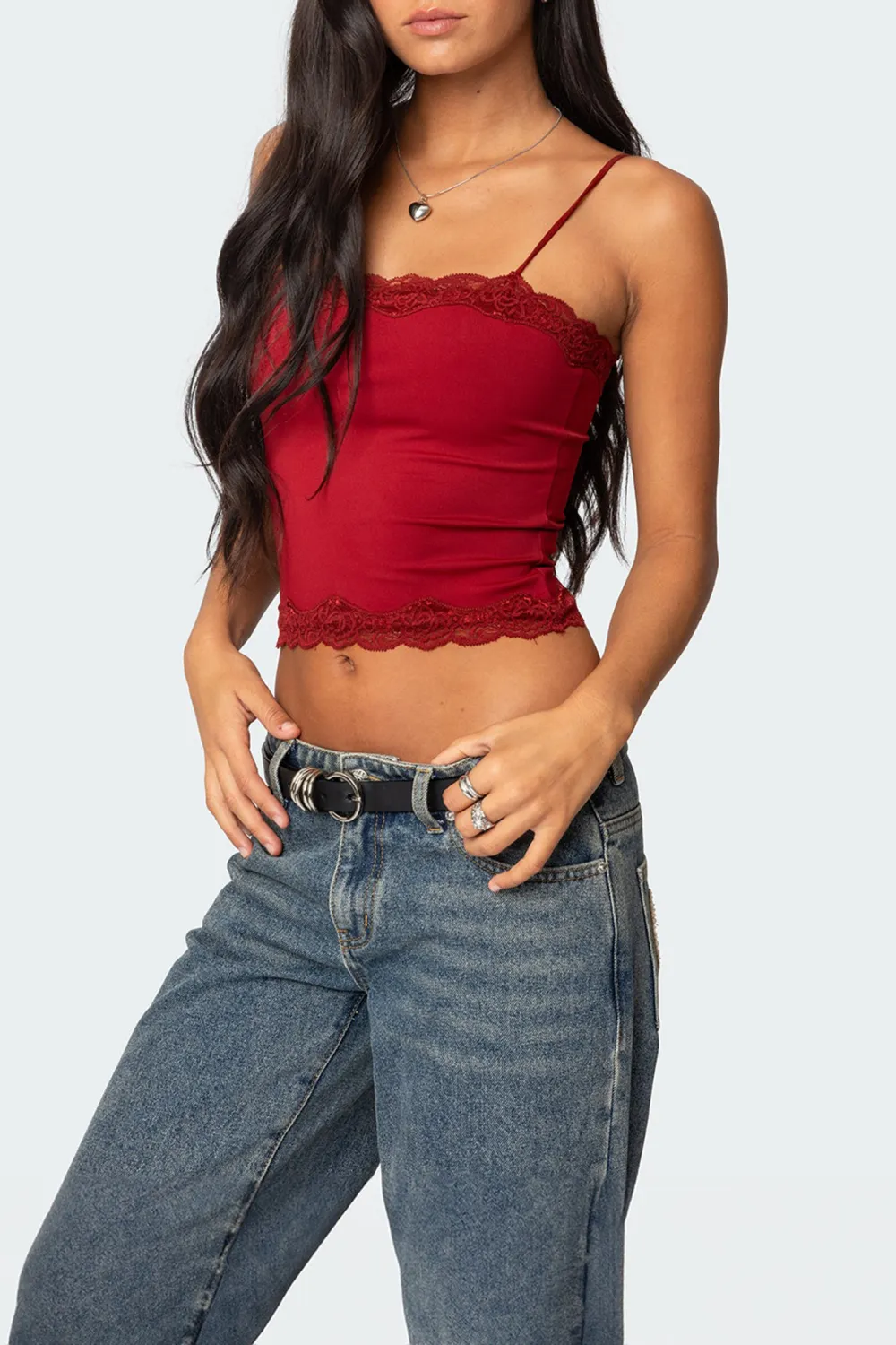 Red Lace Trim Tank Top