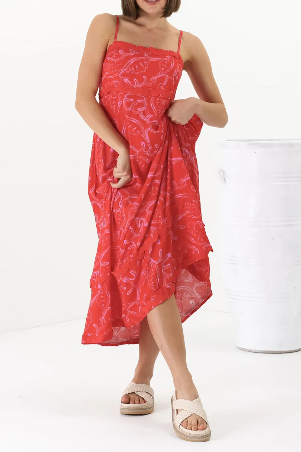 Red Patterned Asymmetric Hem Midi Dress