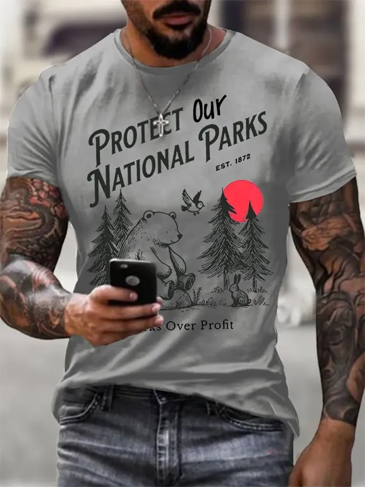 Men'S Protect Our National Parks Printed Round Neck T-Shirt