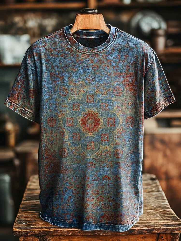 Women'S T-Shirt With Retro Pattern Print Round-Neck And Short Sleeves
