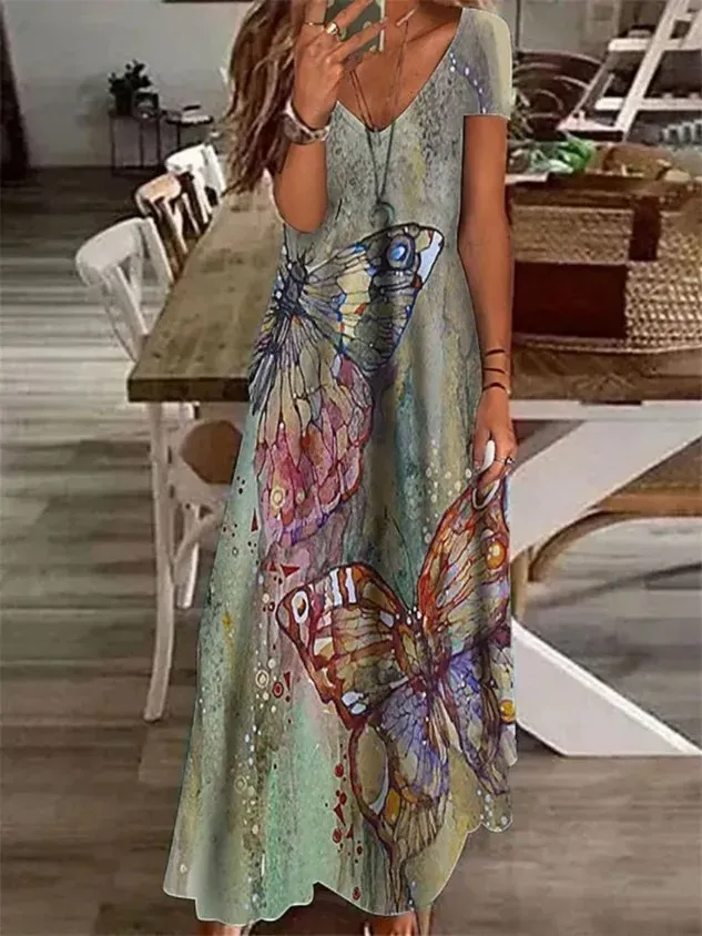 Women Butterfly V Neck Short Sleeve Comfy Casual Maxi Dress