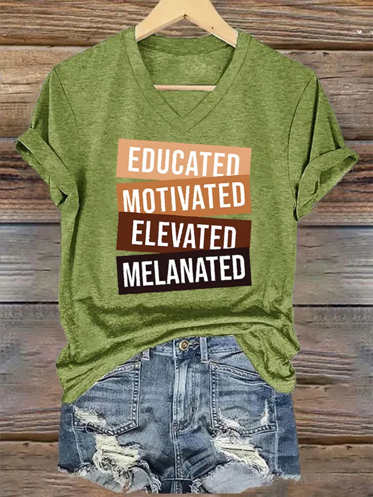 Women'S V-Neck T-Shirt Educated Motivated Elevated Melanated