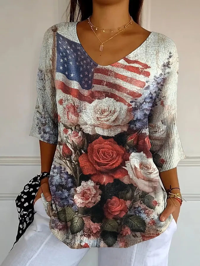 Women'S Stars And Stripes And Flower Prints Long-Sleeved V-Neck Shirt
