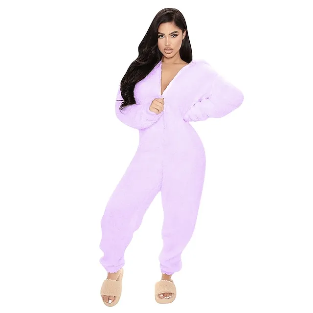 Women‘s Fleece Adult Onesies Onesie Pajamas Fluffy Fuzzy Warm Pajama Pure Color Plush Casual Comfort Home Daily Bed Sherpa Warm Hoodie Long Sleeve Fall Winter Black Pink