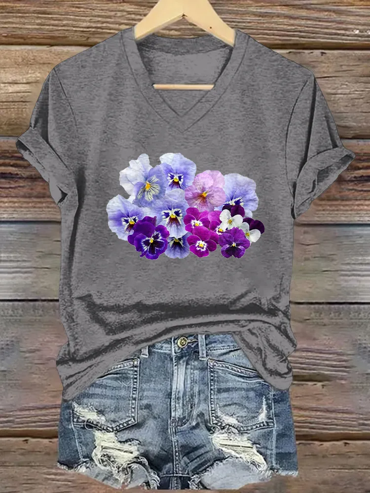Women'S Floral Printed Alzheimer'S Awareness V-Neck T-Shirt