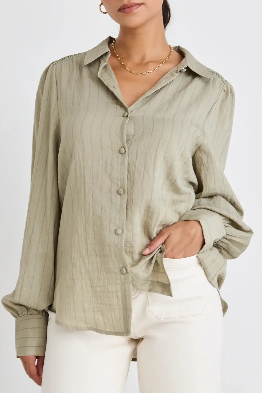 Khaki Stripe Lace Insert Blouse