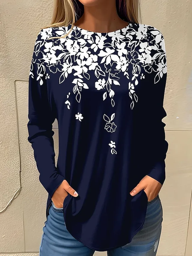 Women's T shirt Tee White Pink Red Floral Print Long Sleeve Holiday Weekend Basic Round Neck Regular Fit Floral Painting Fall & Winter