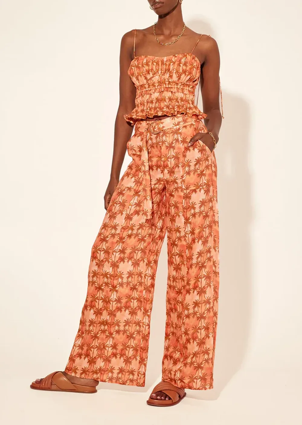 Orange Floral Strapless Wide Leg Pants