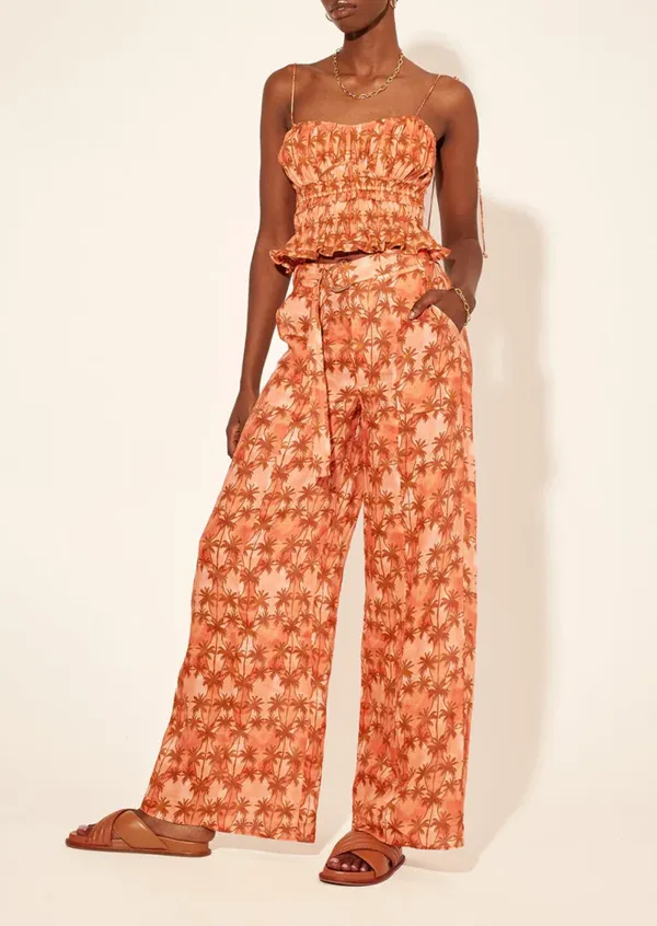 Orange Floral Strapless Wide Leg Pants