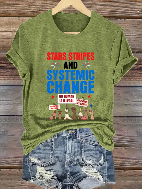 Woman'S Stars Stripes And Systemic Change Crew Neck Short Sleeve T-Shirt