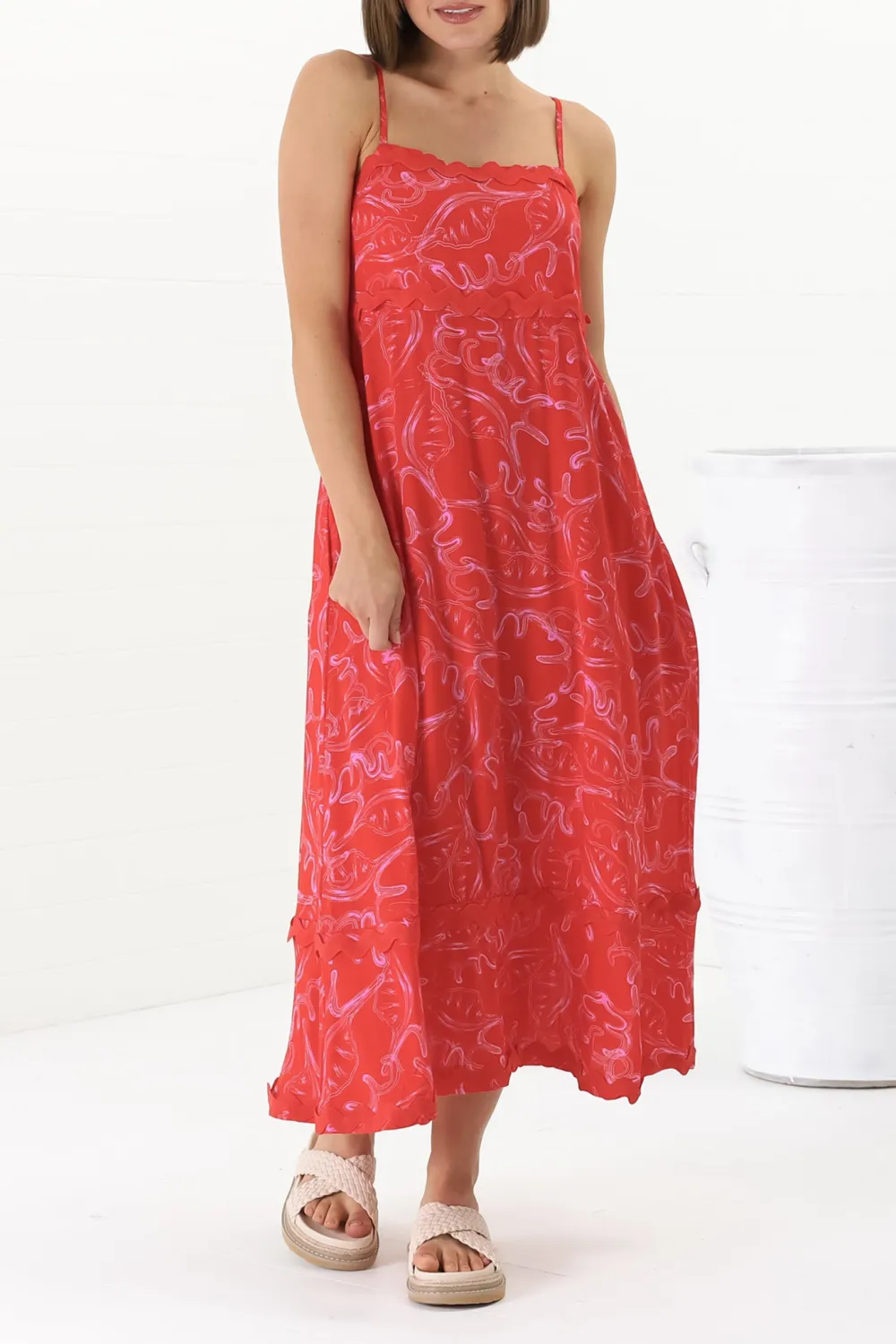 Red Patterned Asymmetric Hem Midi Dress